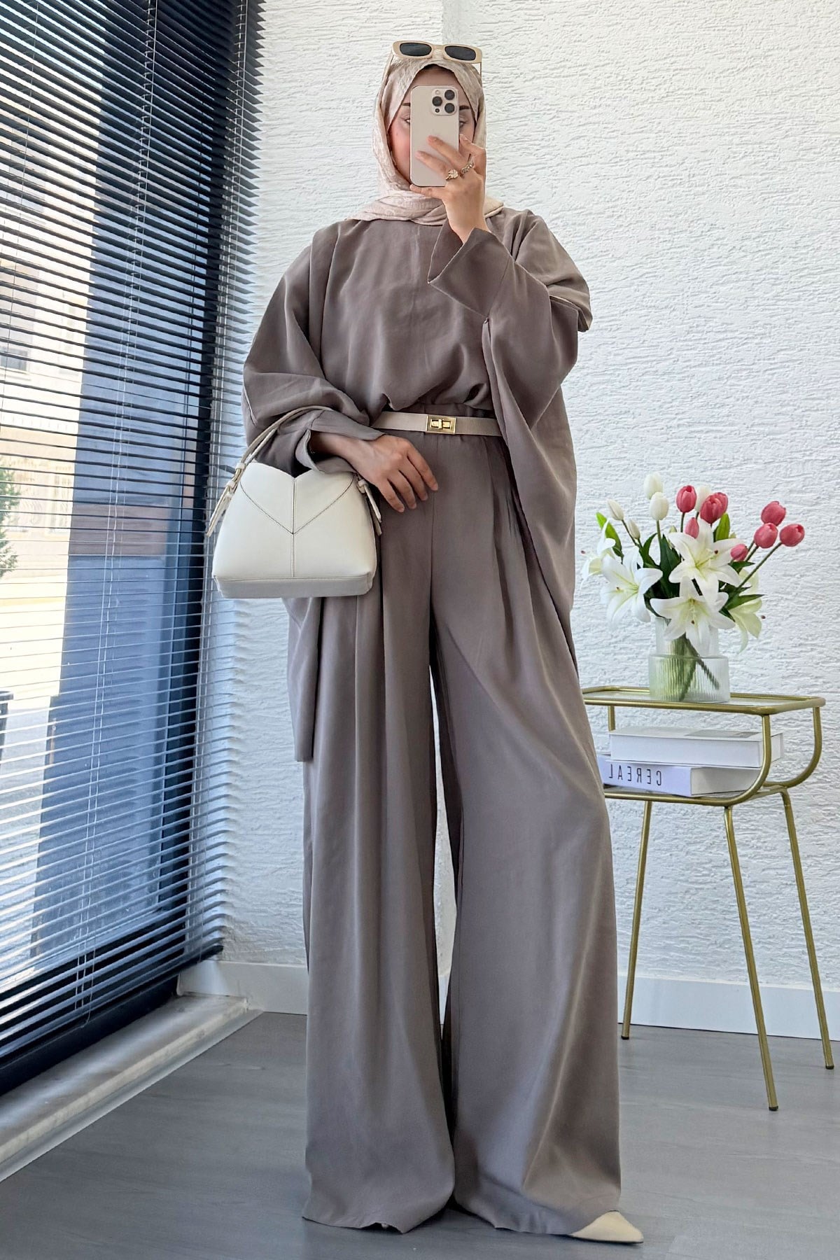 Premium Yarasa Kol Modal Pantolon Takım - Vizon