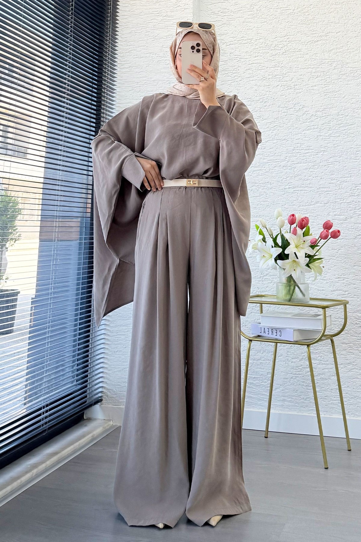 Premium Yarasa Kol Modal Pantolon Takım - Vizon