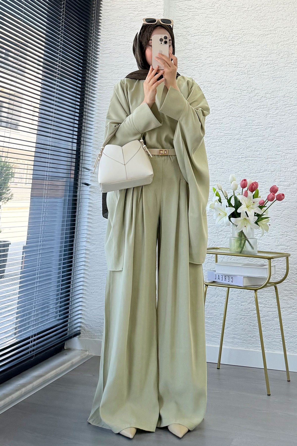 Premium Yarasa Kol Modal Pantolon Takım - Çağla Yeşili