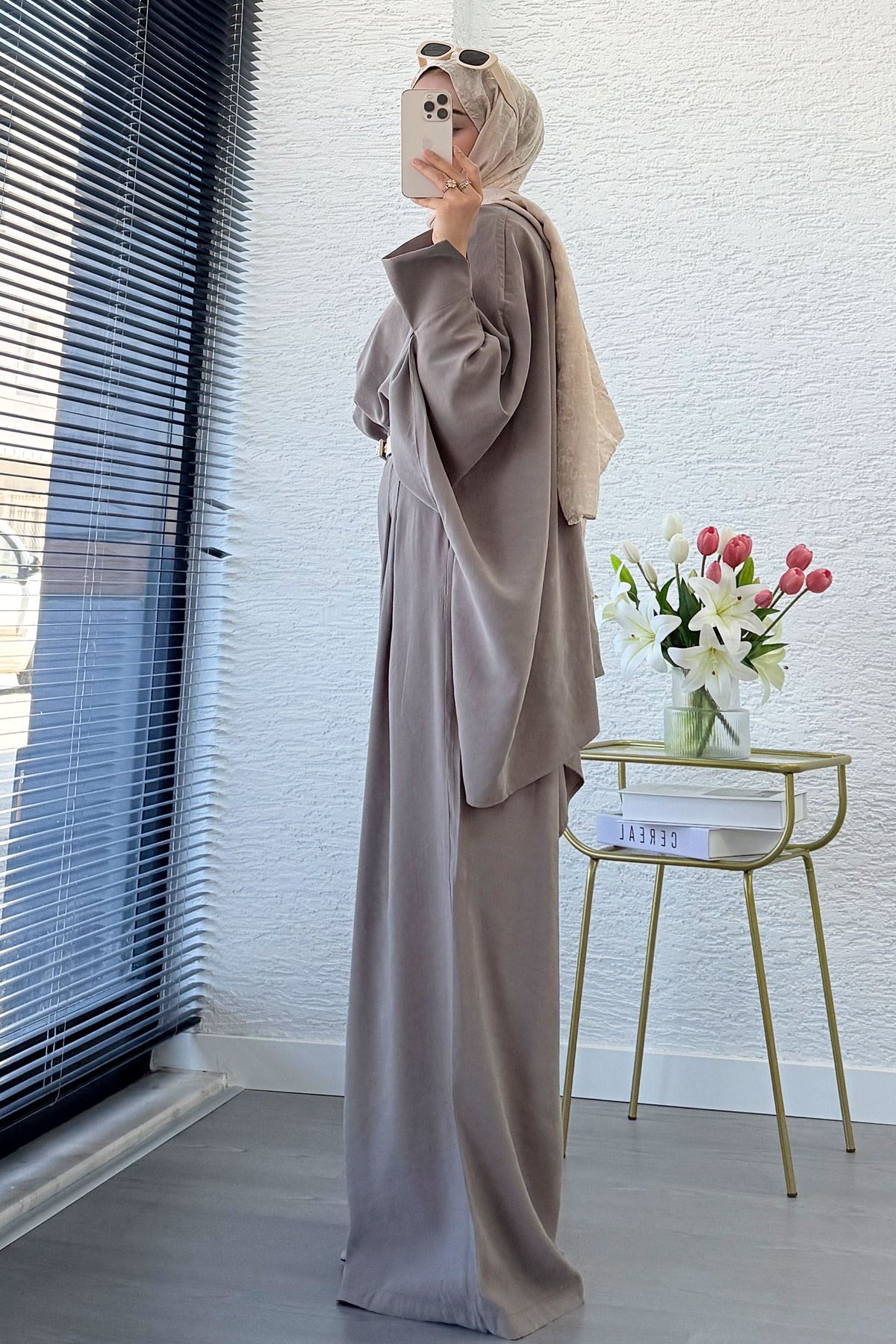 Premium Yarasa Kol Modal Pantolon Takım - Vizon