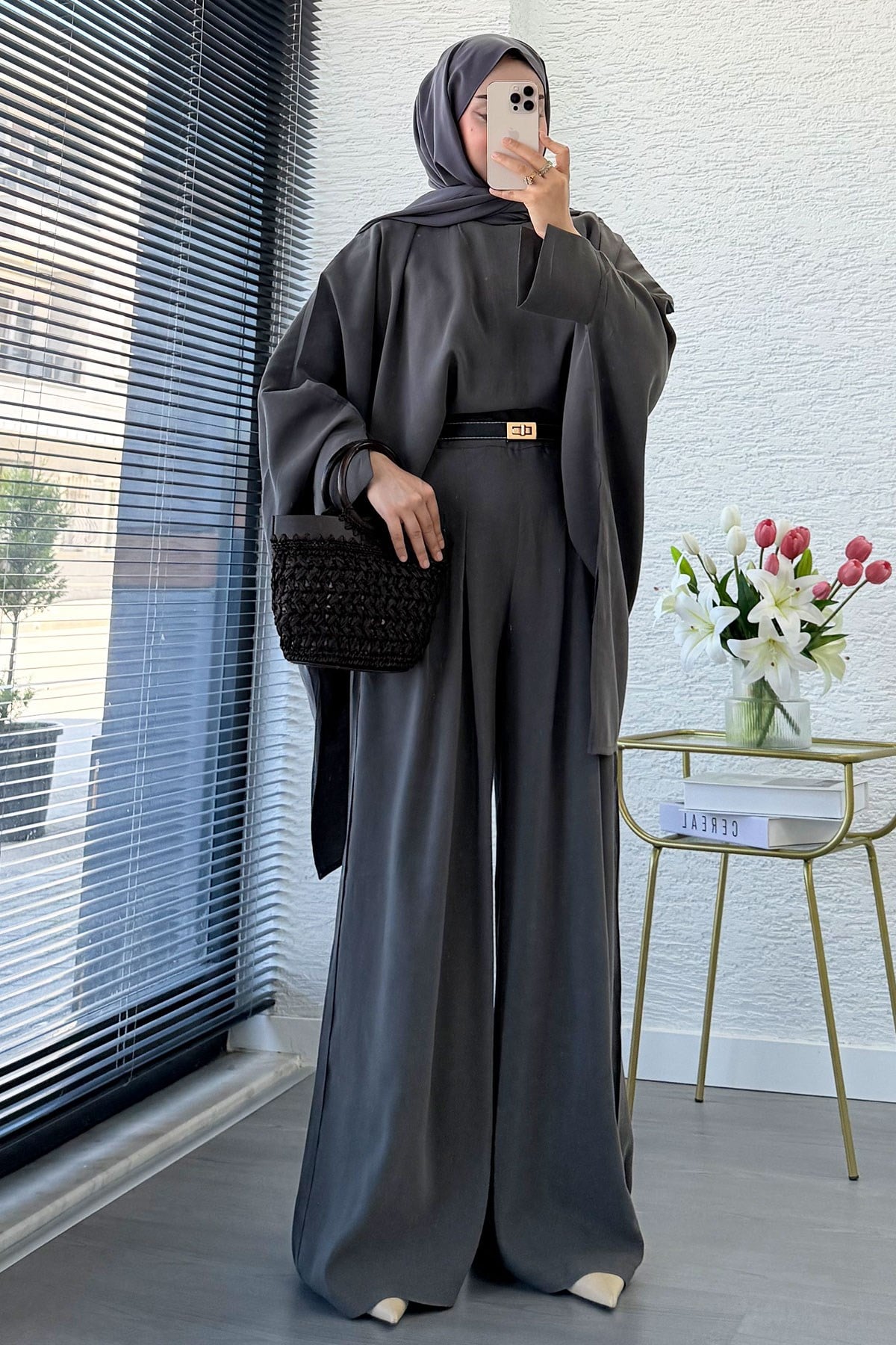 Premium Yarasa Kol Modal Pantolon Takım - Antrasit