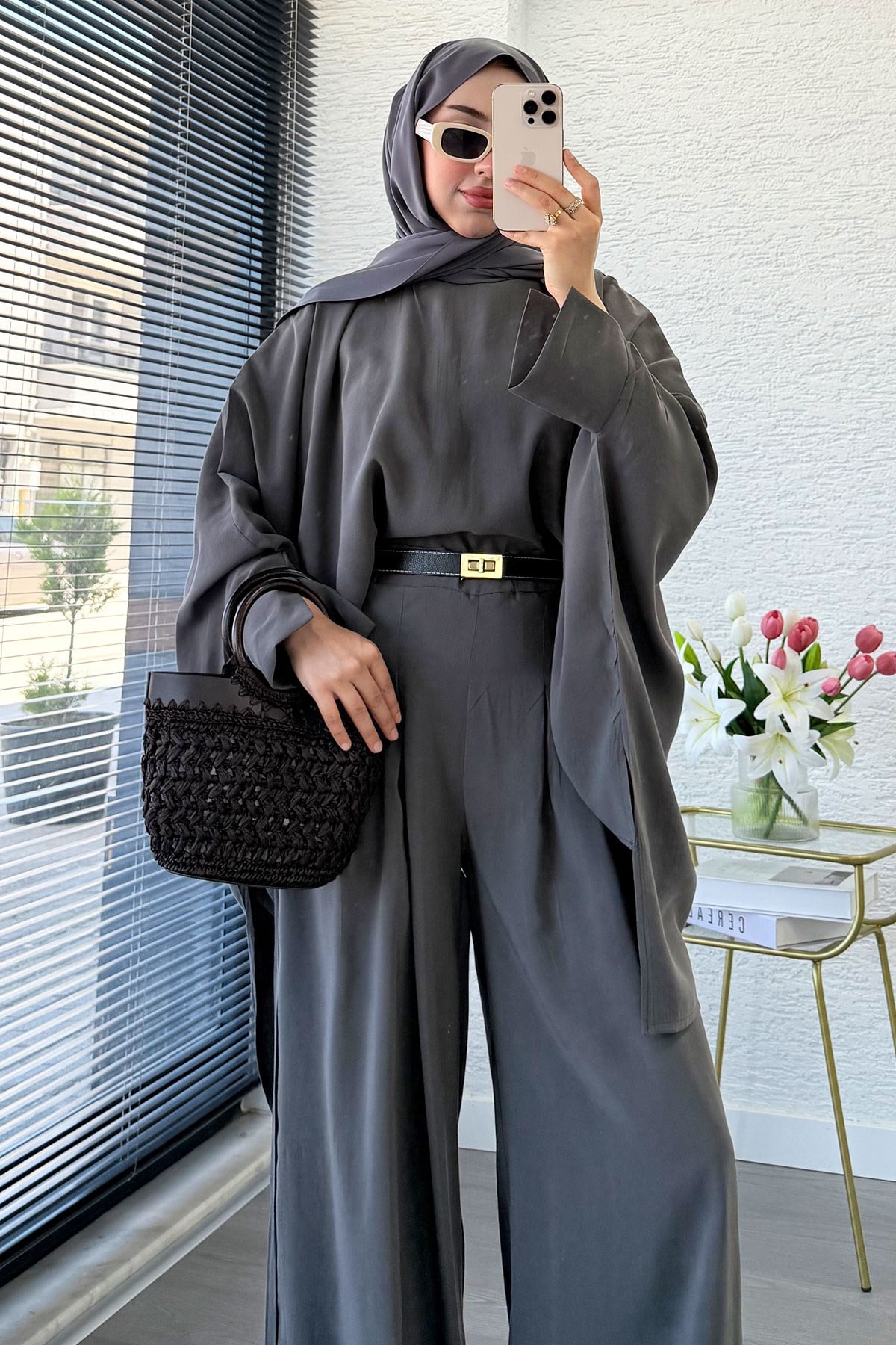 Premium Yarasa Kol Modal Pantolon Takım - Antrasit