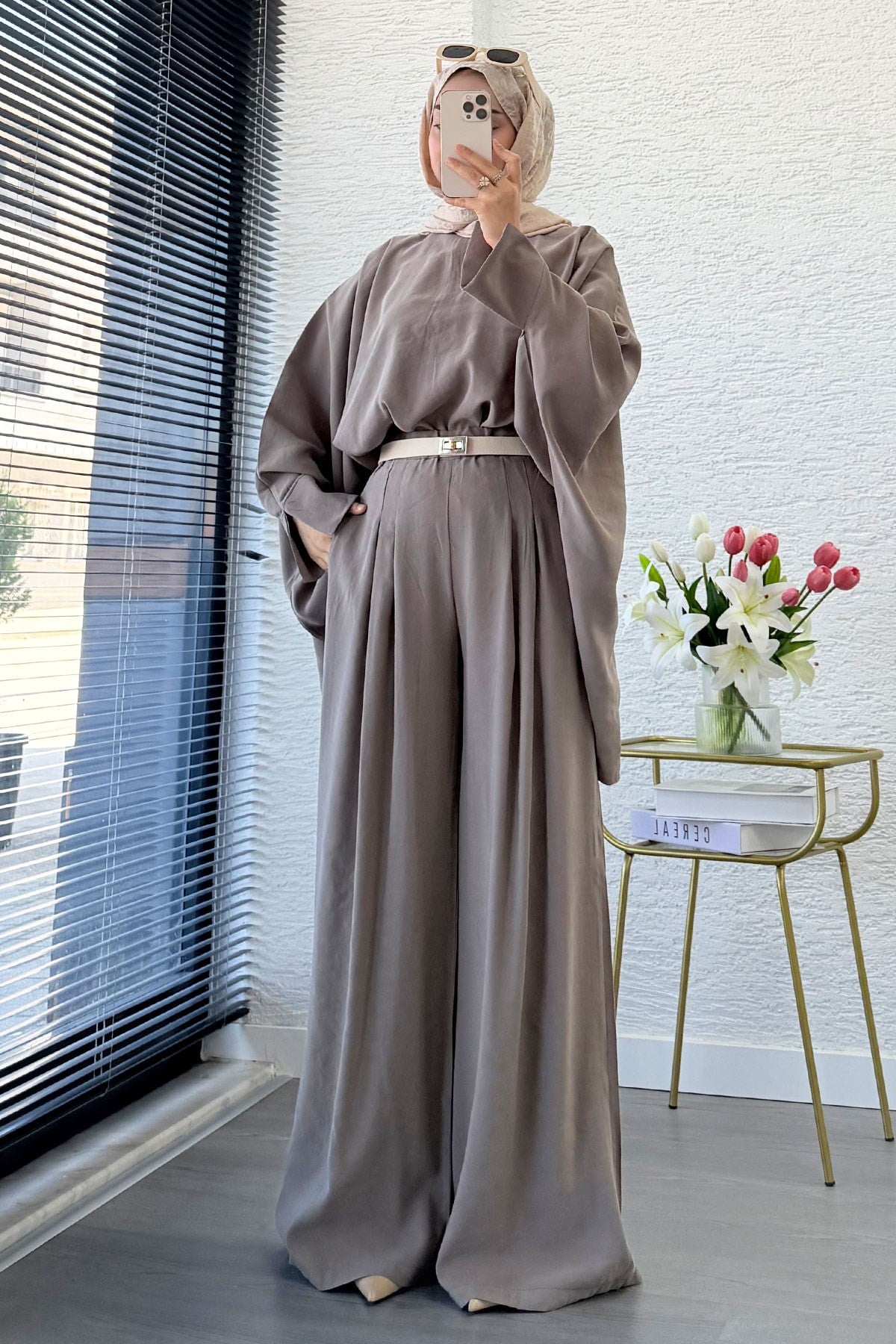 Premium Yarasa Kol Modal Pantolon Takım - Vizon