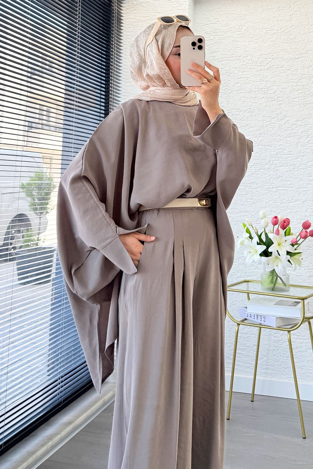 Premium Yarasa Kol Modal Pantolon Takım - Vizon