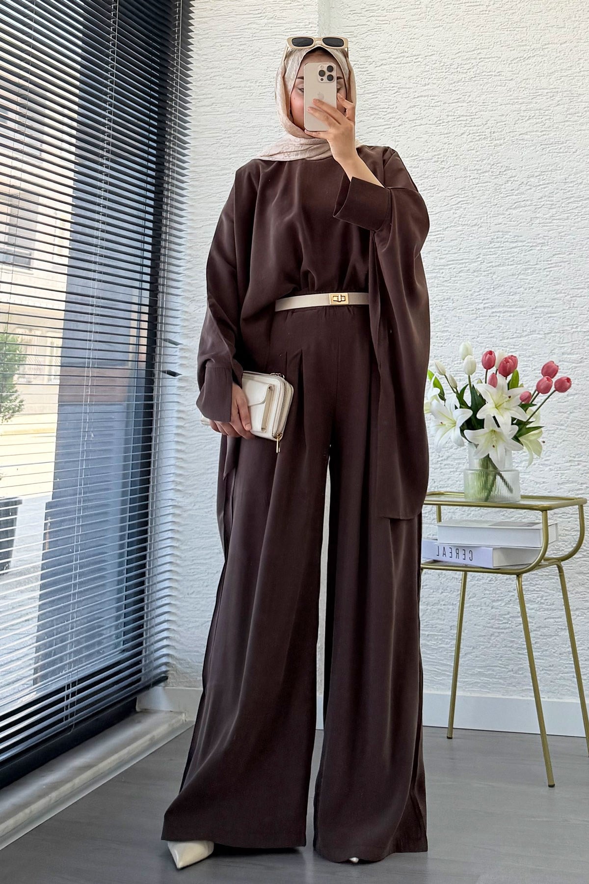 Premium Yarasa Kol Modal Pantolon Takım - Kahverengi