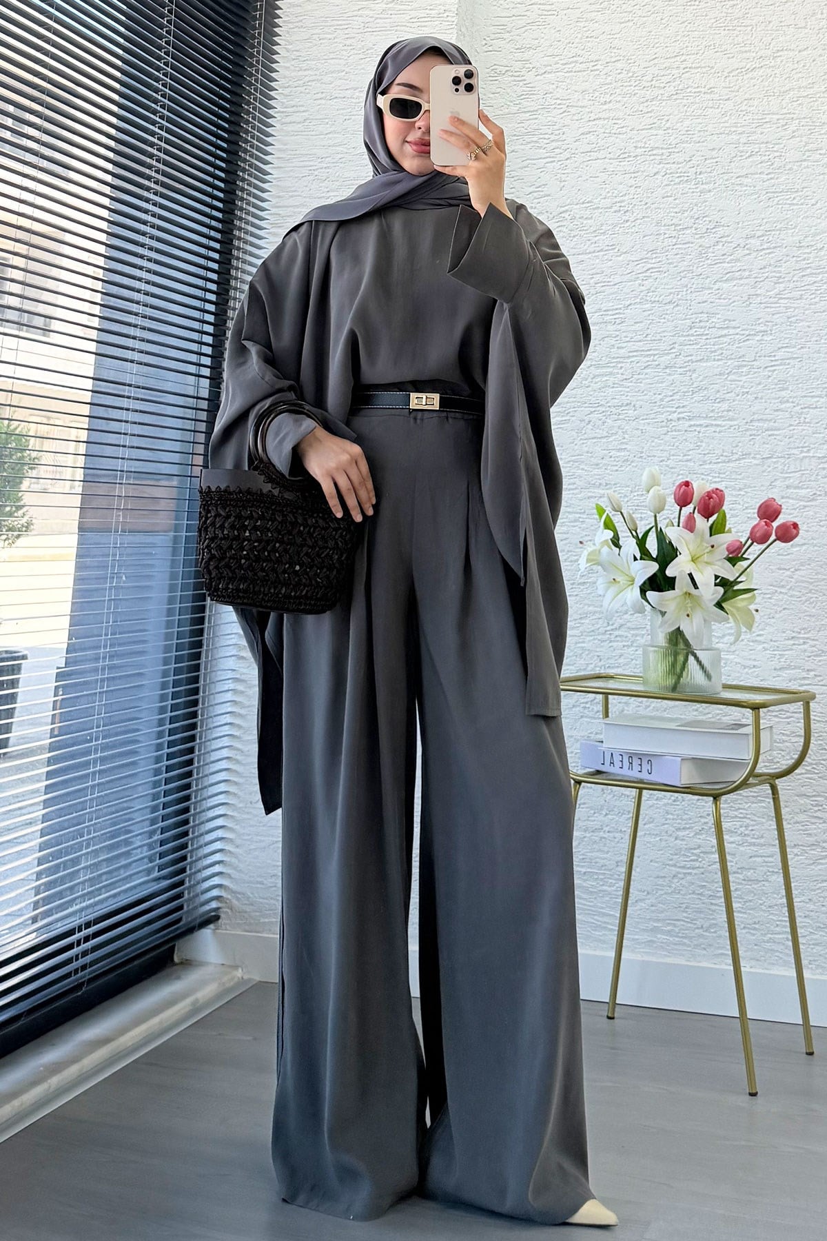 Premium Yarasa Kol Modal Pantolon Takım - Antrasit