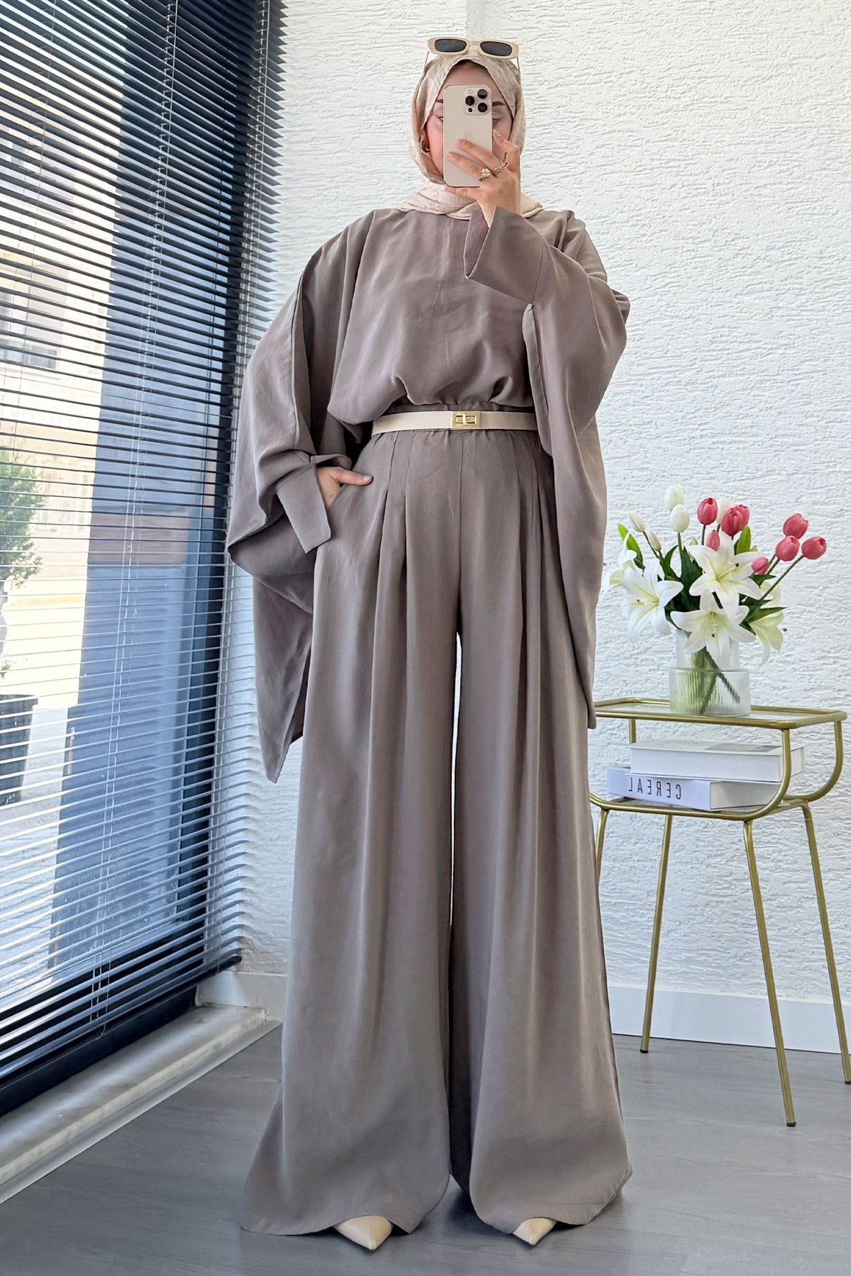 Premium Yarasa Kol Modal Pantolon Takım - Vizon
