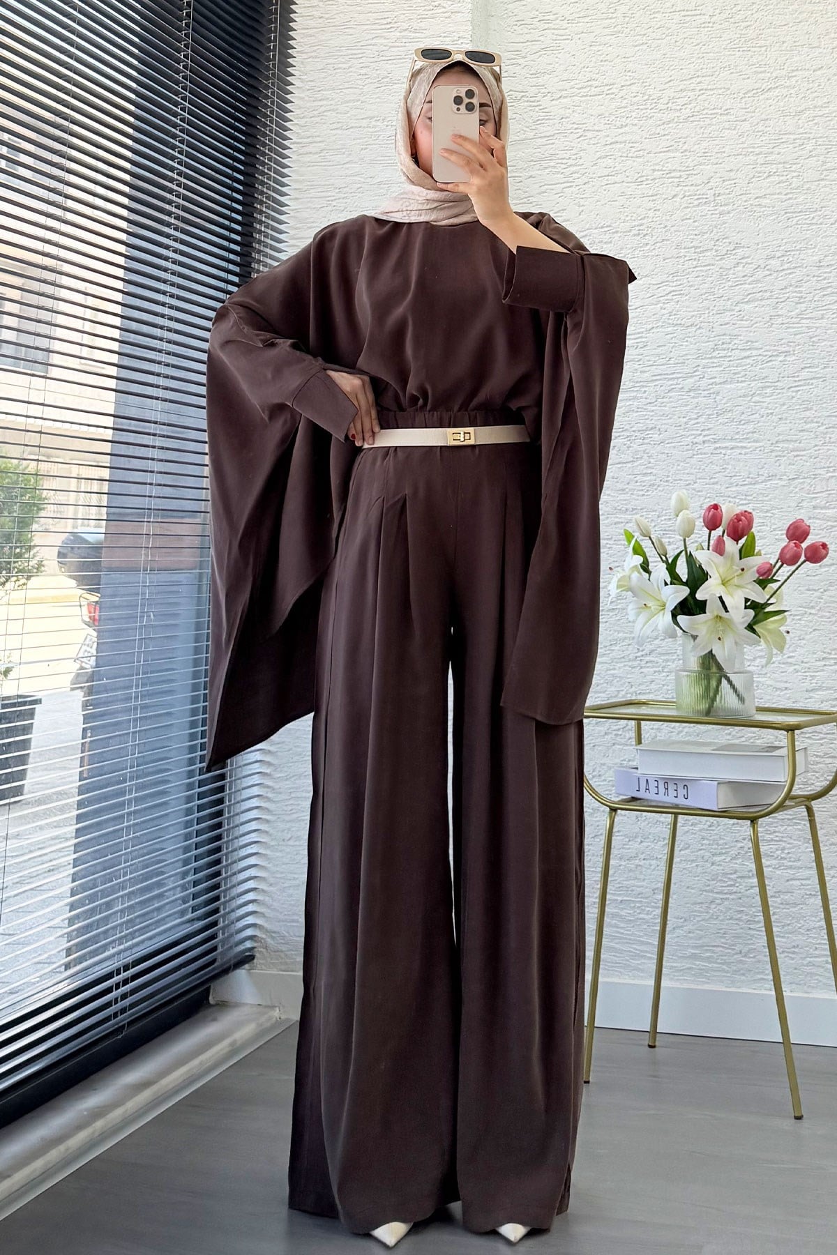 Premium Yarasa Kol Modal Pantolon Takım - Kahverengi