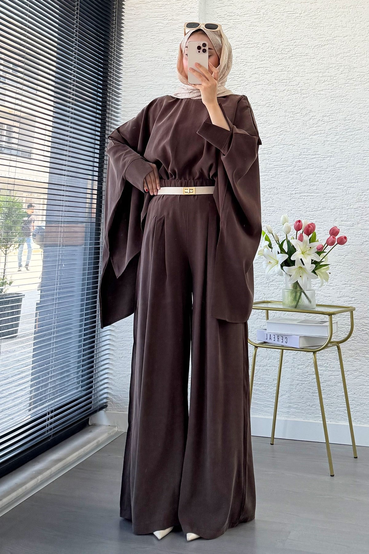 Premium Yarasa Kol Modal Pantolon Takım - Kahverengi