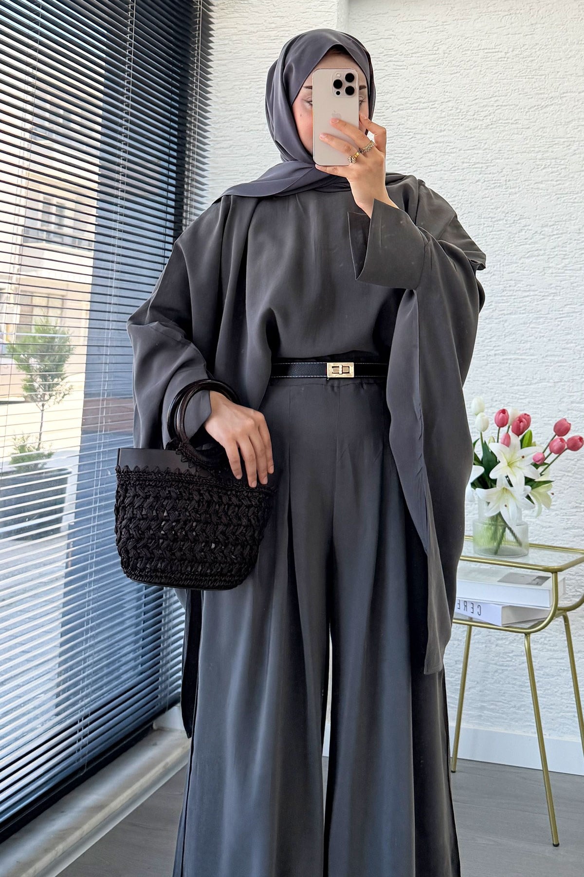 Premium Yarasa Kol Modal Pantolon Takım - Antrasit