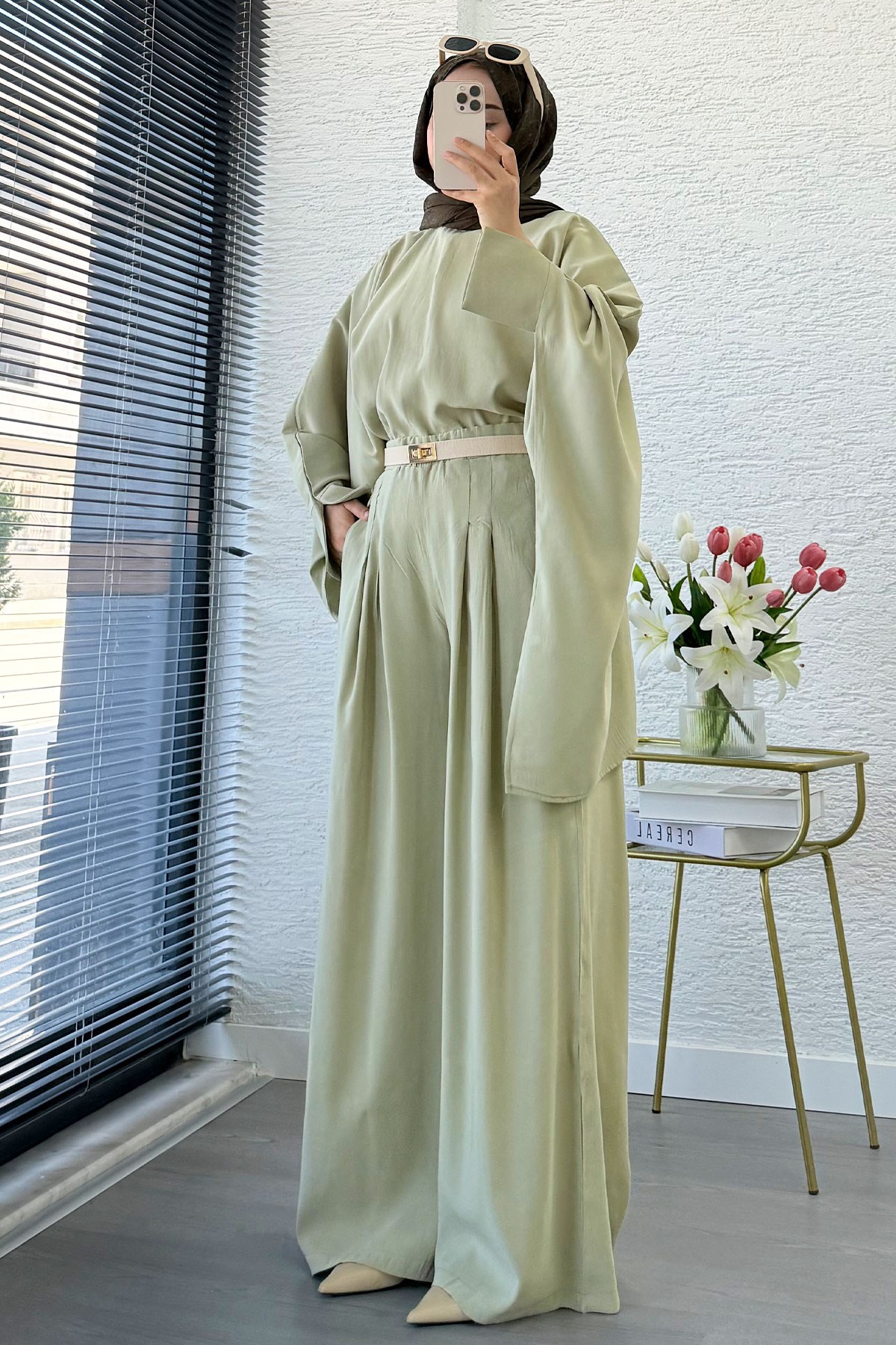 Premium Yarasa Kol Modal Pantolon Takım - Çağla Yeşili