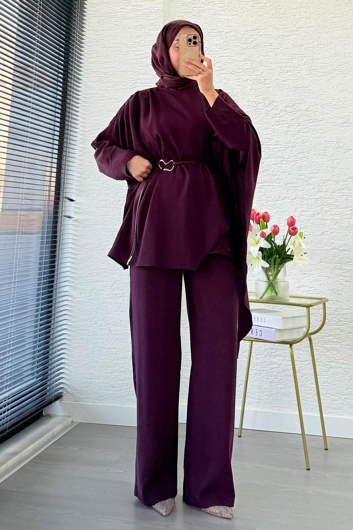 Premium Yarasa Kol Pelerinli İkili Takım – Mürdüm