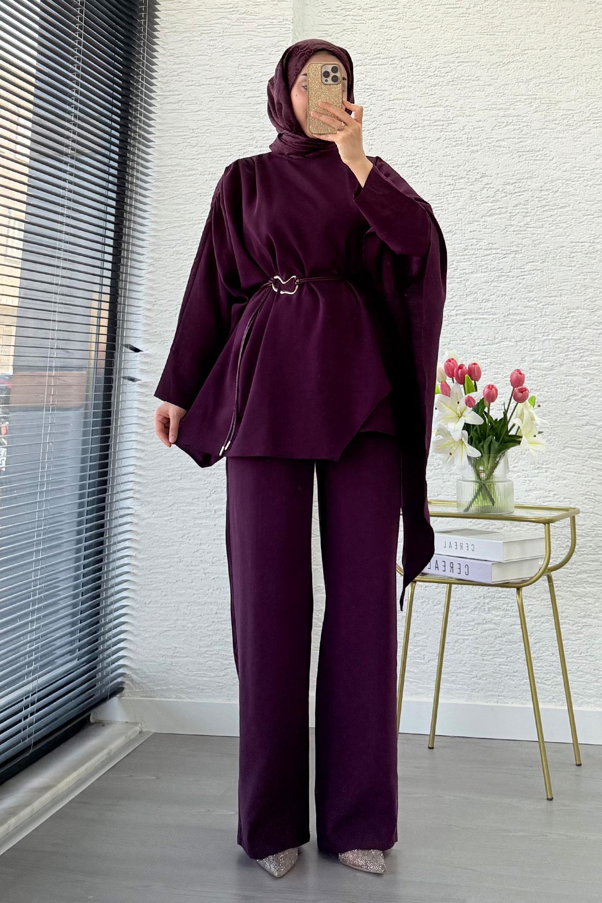 Premium Yarasa Kol Pelerinli İkili Takım – Mürdüm