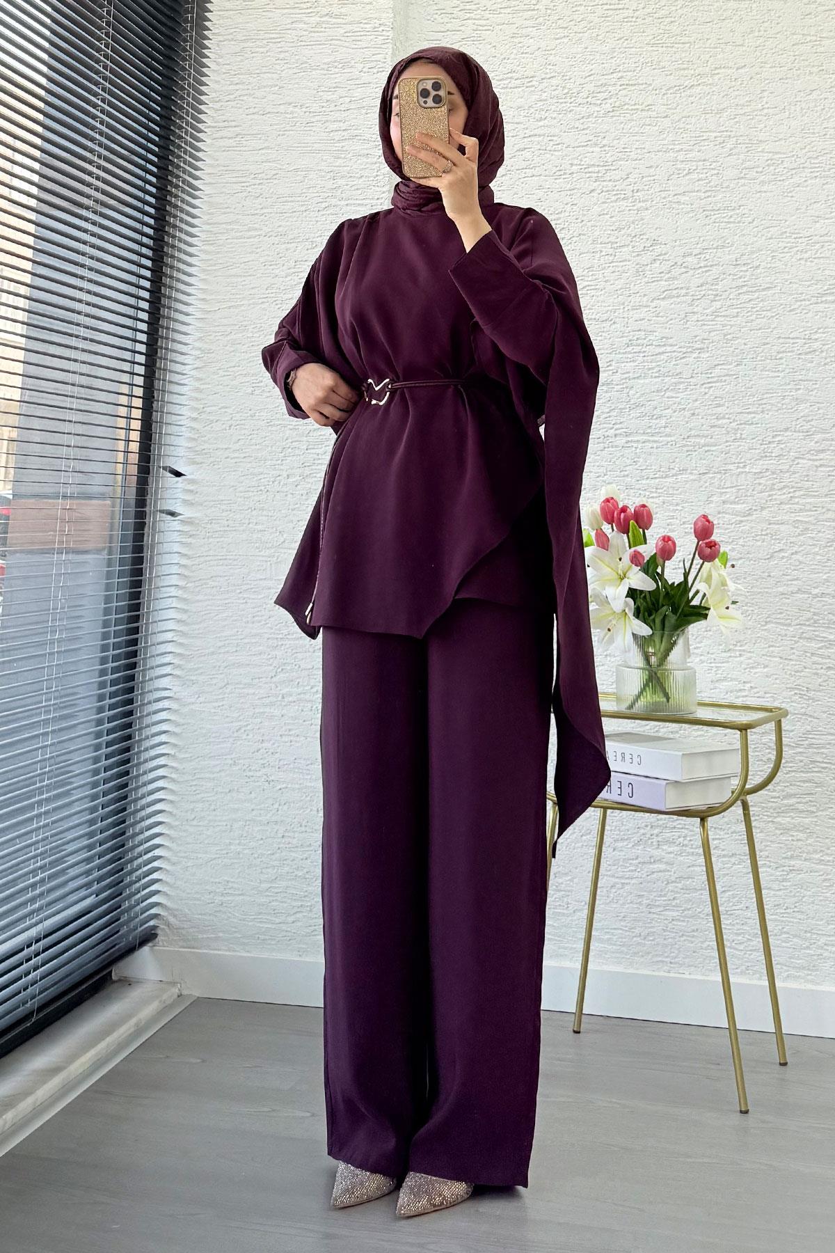 Premium Yarasa Kol Pelerinli İkili Takım – Mürdüm