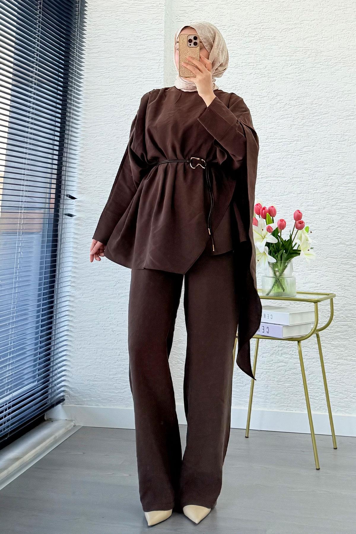 Premium Yarasa Kol Pelerinli İkili Takım – Kahverengi
