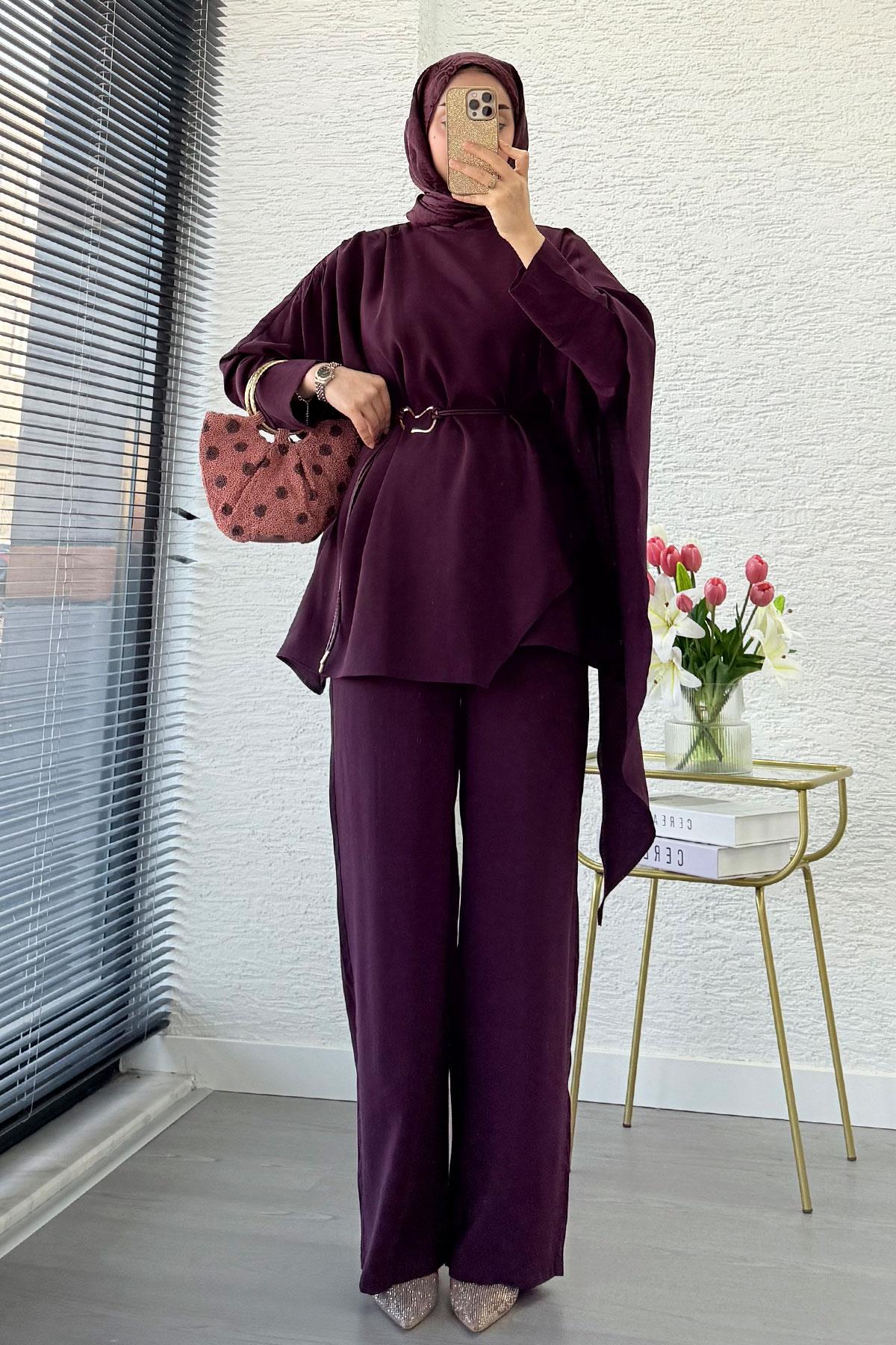 Premium Yarasa Kol Pelerinli İkili Takım – Mürdüm
