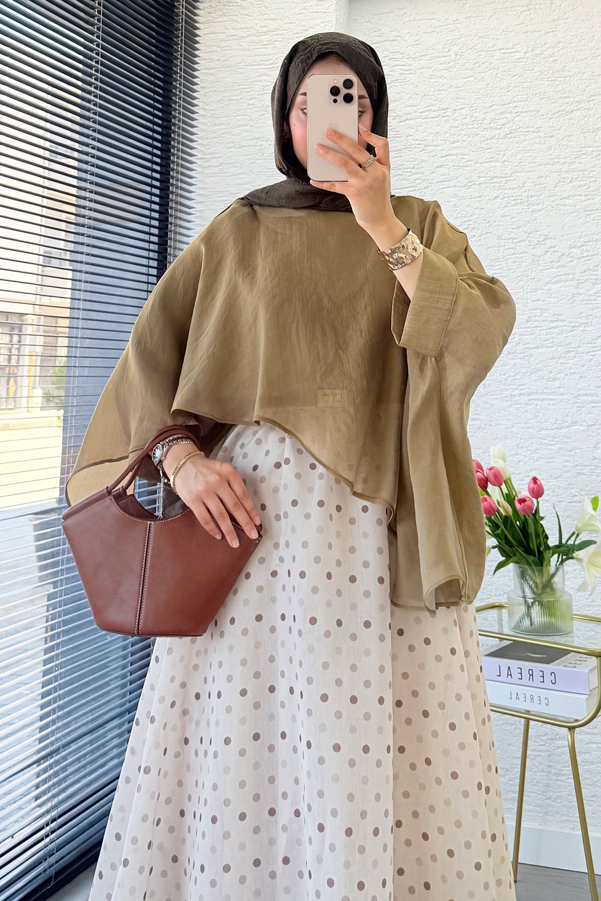 Premium Yarasa Kol Şal Yaka Vual Bluz - Olive
