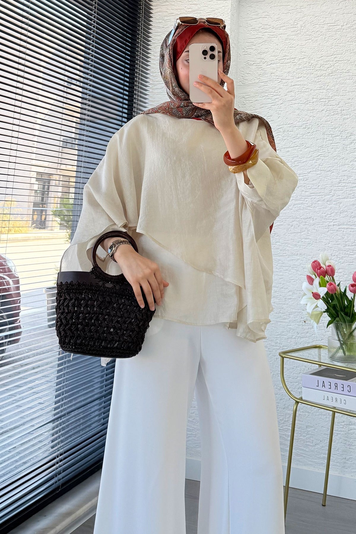 Premium Yarasa Kol Şal Yaka Vual Bluz - Taş