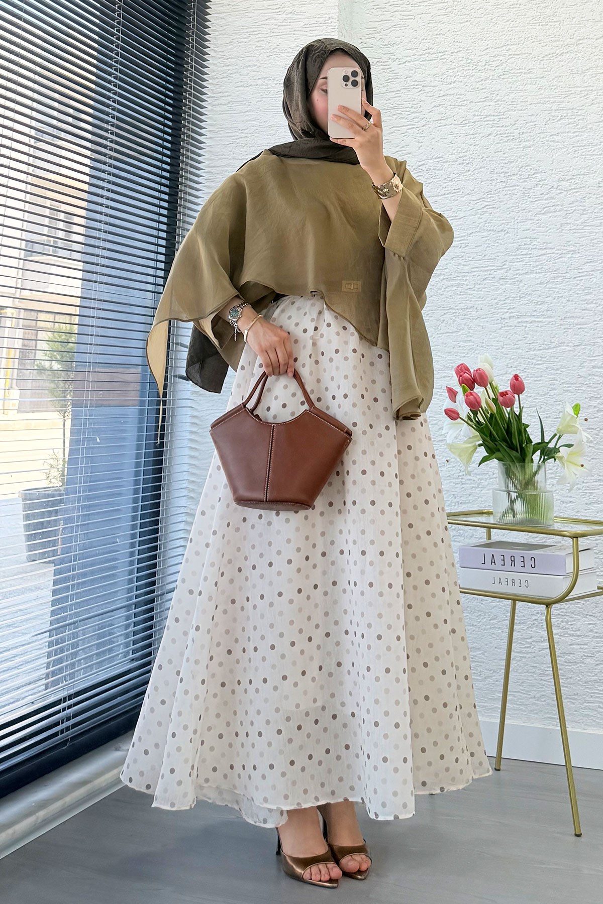 Premium Yarasa Kol Şal Yaka Vual Bluz - Olive