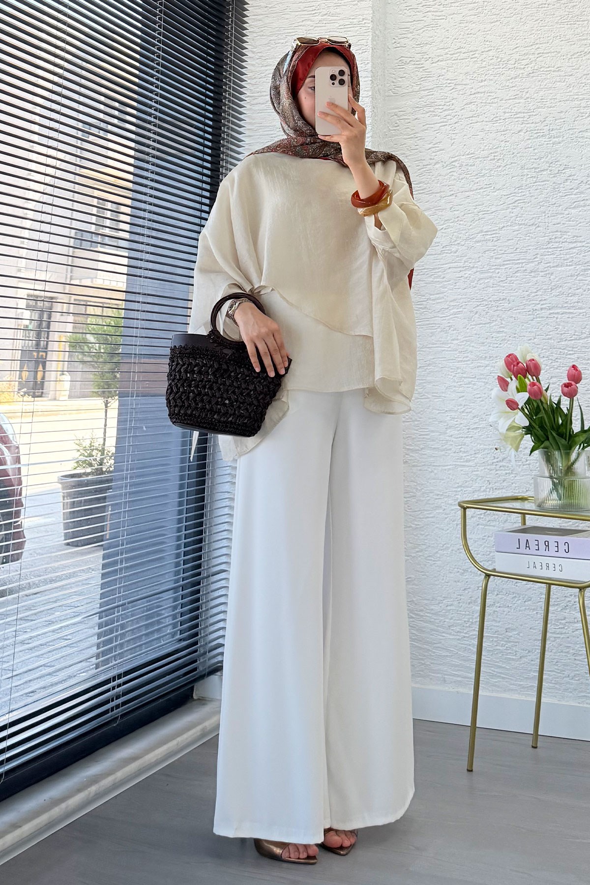 Premium Yarasa Kol Şal Yaka Vual Bluz - Taş
