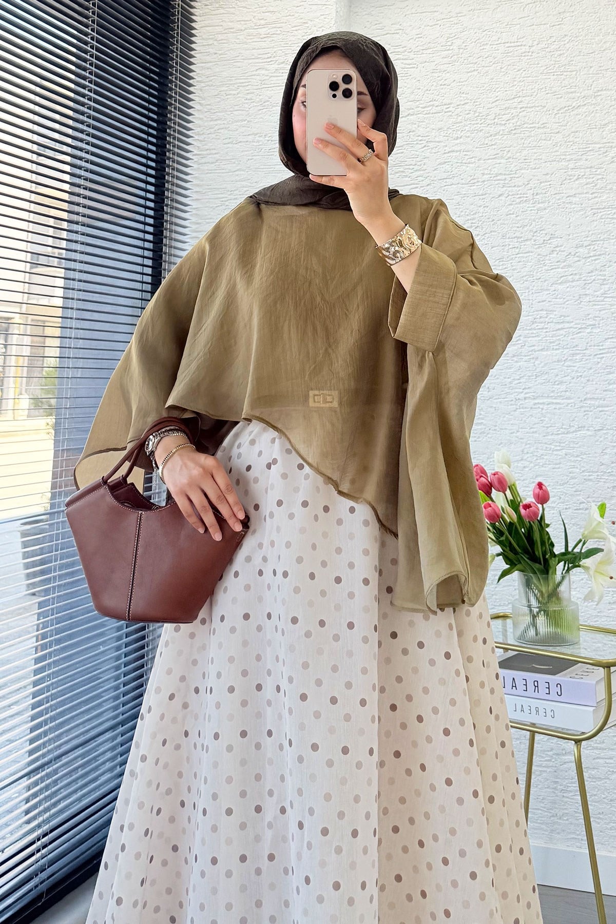 Premium Yarasa Kol Şal Yaka Vual Bluz - Olive