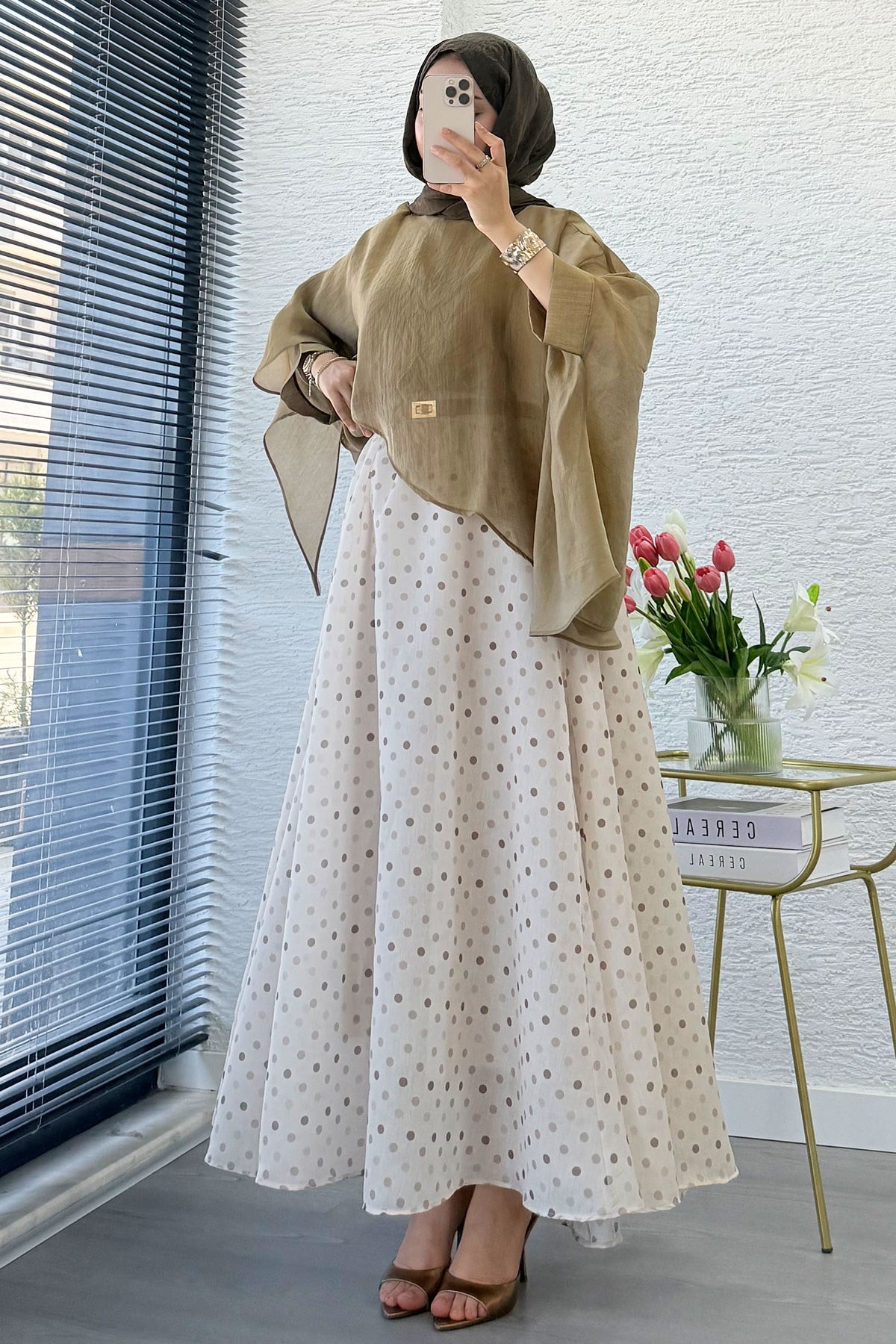 Premium Yarasa Kol Şal Yaka Vual Bluz - Olive