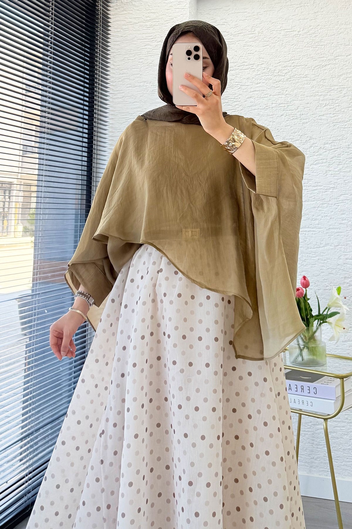 Premium Yarasa Kol Şal Yaka Vual Bluz - Olive