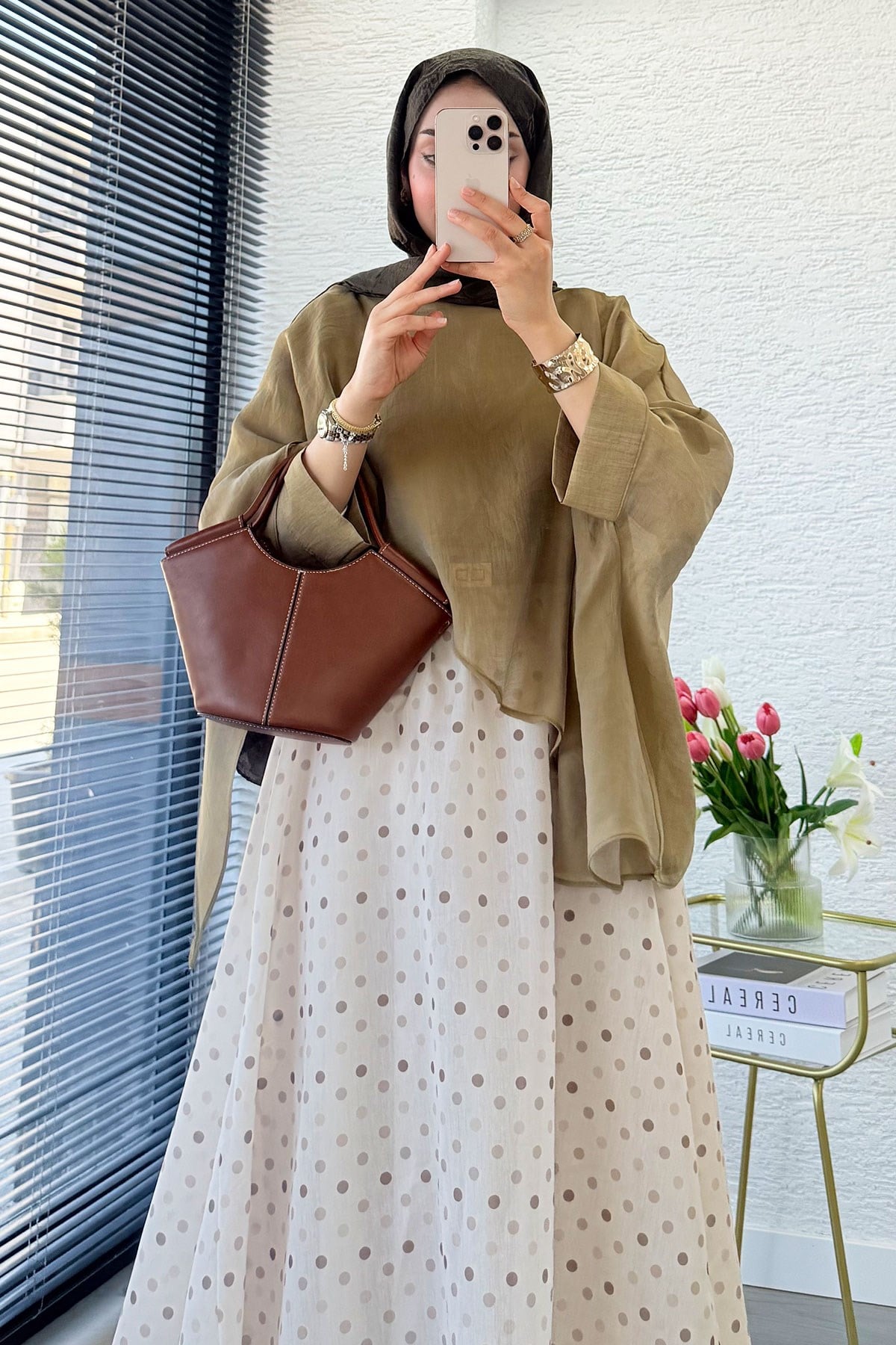 Premium Yarasa Kol Şal Yaka Vual Bluz - Olive