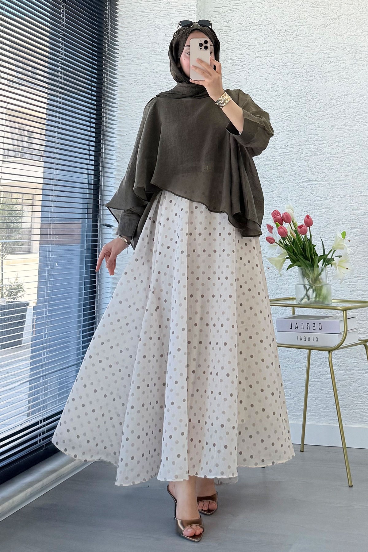 Premium Yarasa Kol Şal Yaka Vual Bluz - Haki