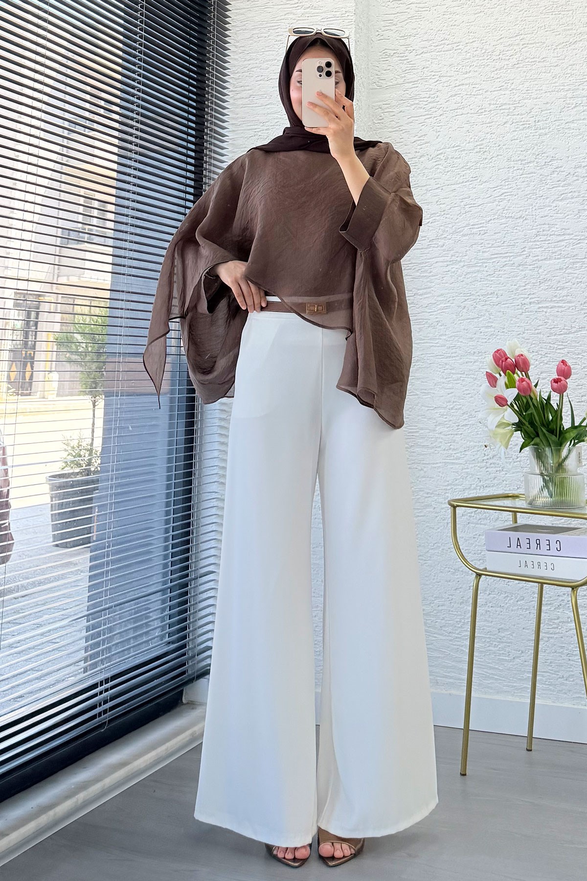 Premium Yarasa Kol Şal Yaka Vual Bluz - Kahverengi