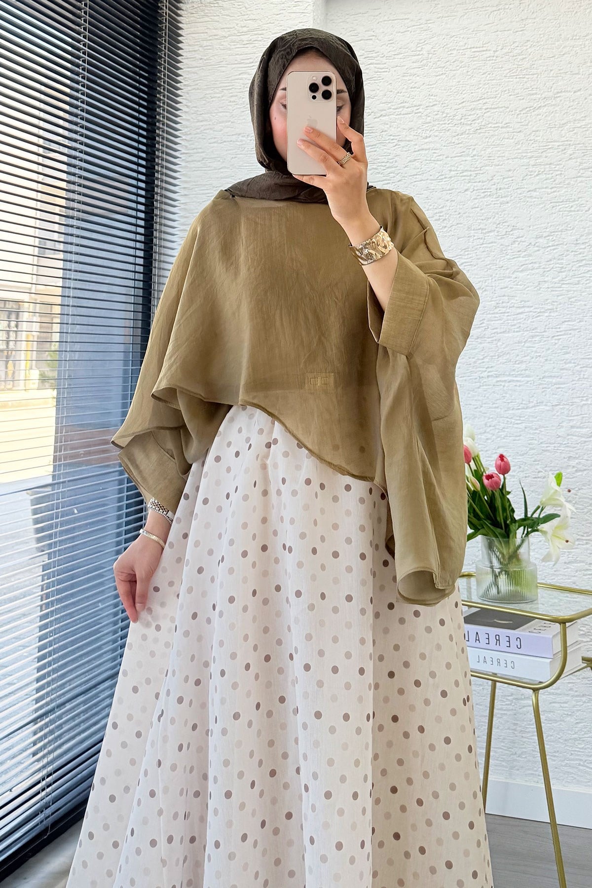 Premium Yarasa Kol Şal Yaka Vual Bluz - Olive