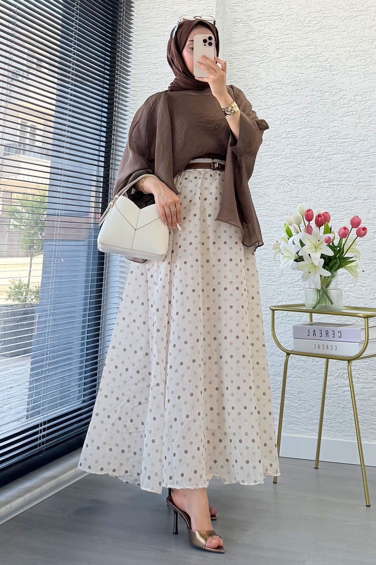Premium Yarasa Kol Şal Yaka Vual Bluz - Kahverengi