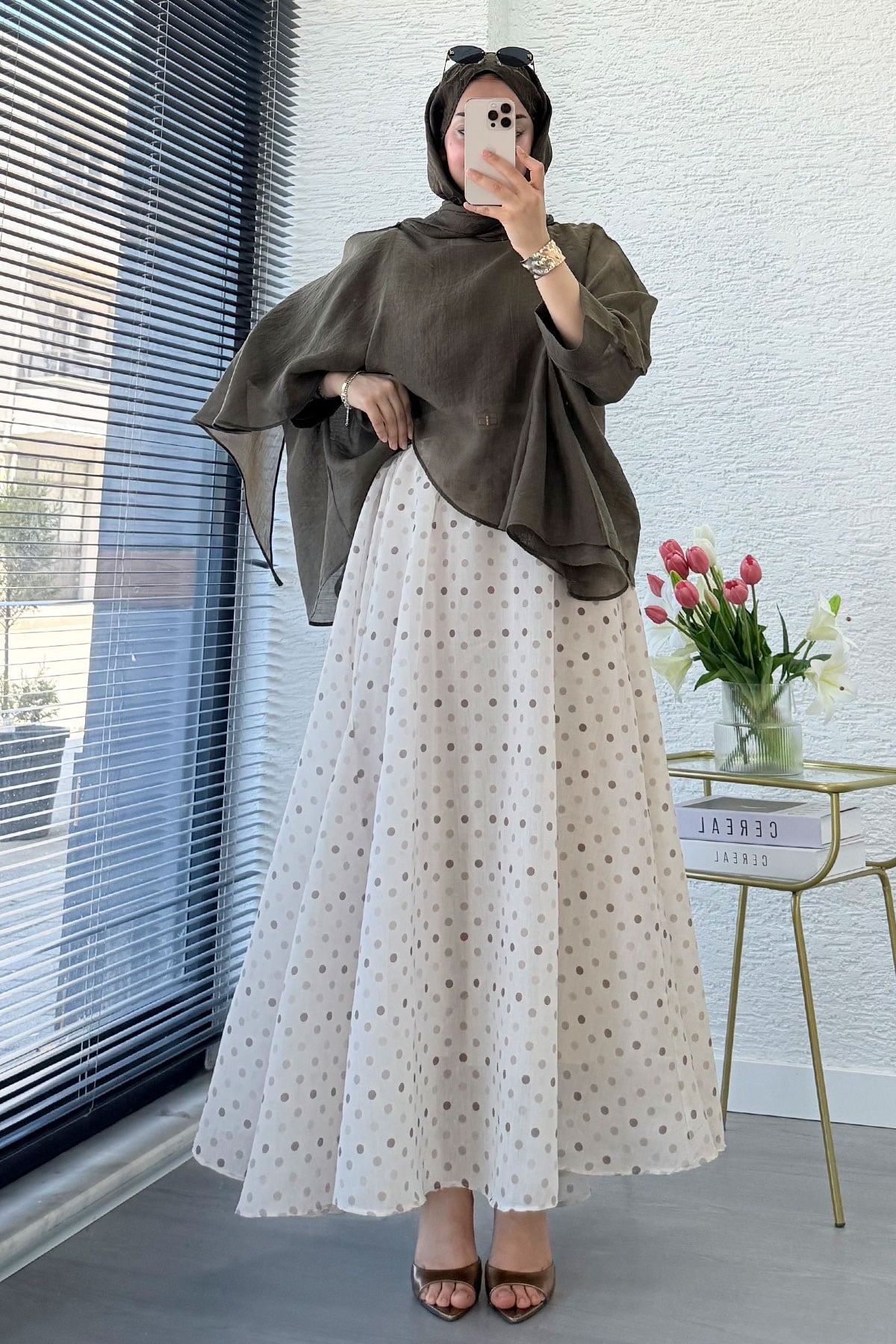 Premium Yarasa Kol Şal Yaka Vual Bluz - Haki