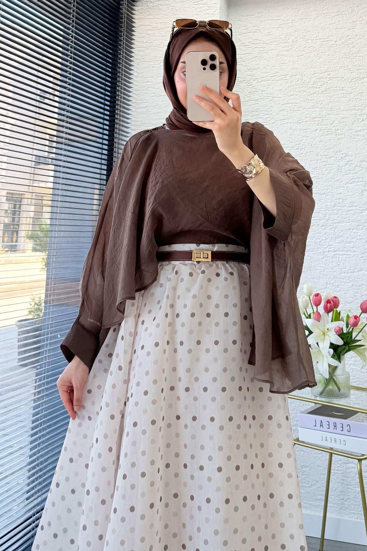 Premium Yarasa Kol Şal Yaka Vual Bluz - Kahverengi