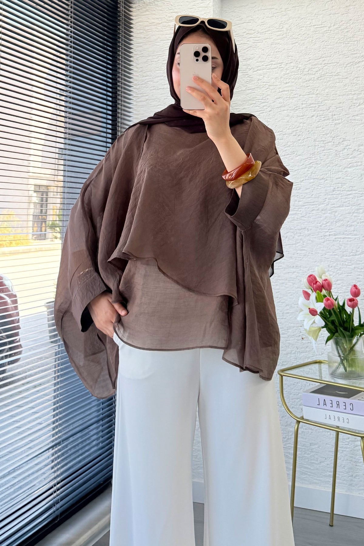 Premium Yarasa Kol Şal Yaka Vual Bluz - Kahverengi