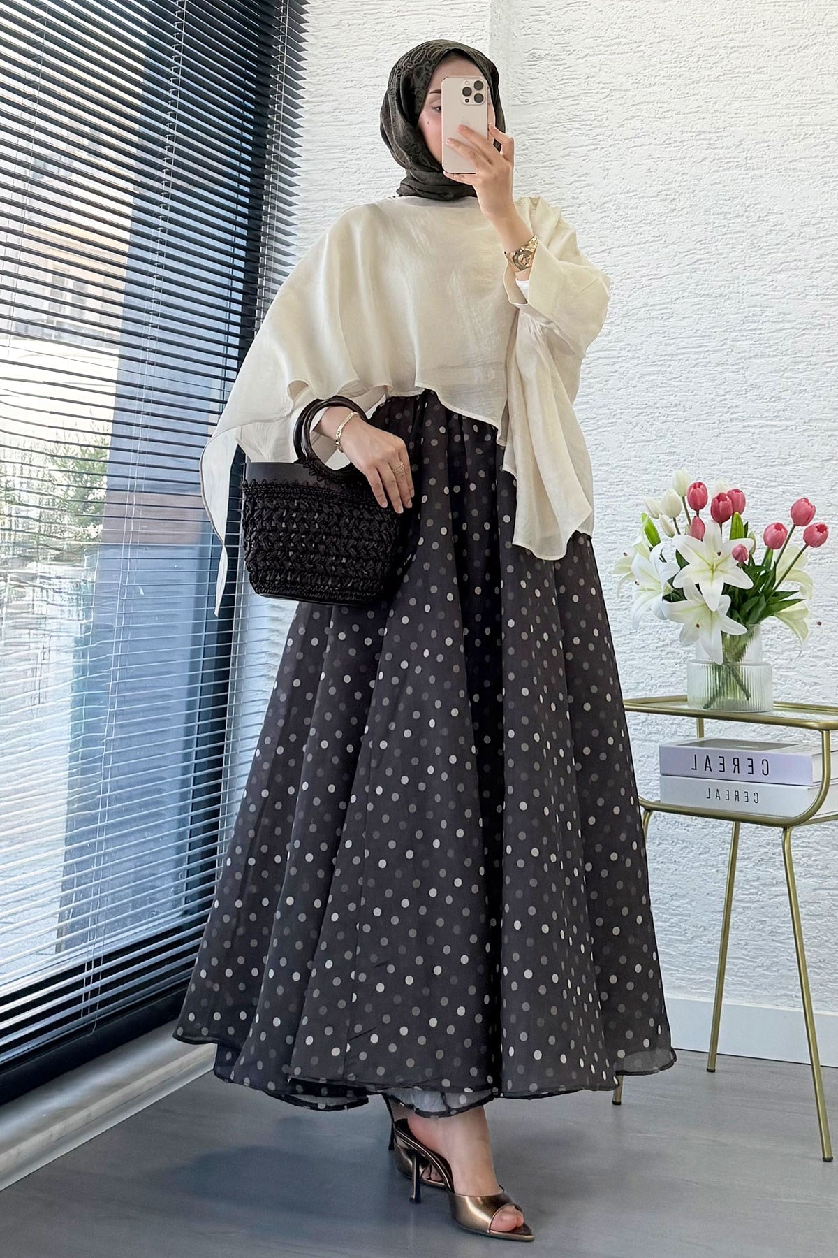 Premium Yarasa Kol Şal Yaka Vual Bluz - Taş
