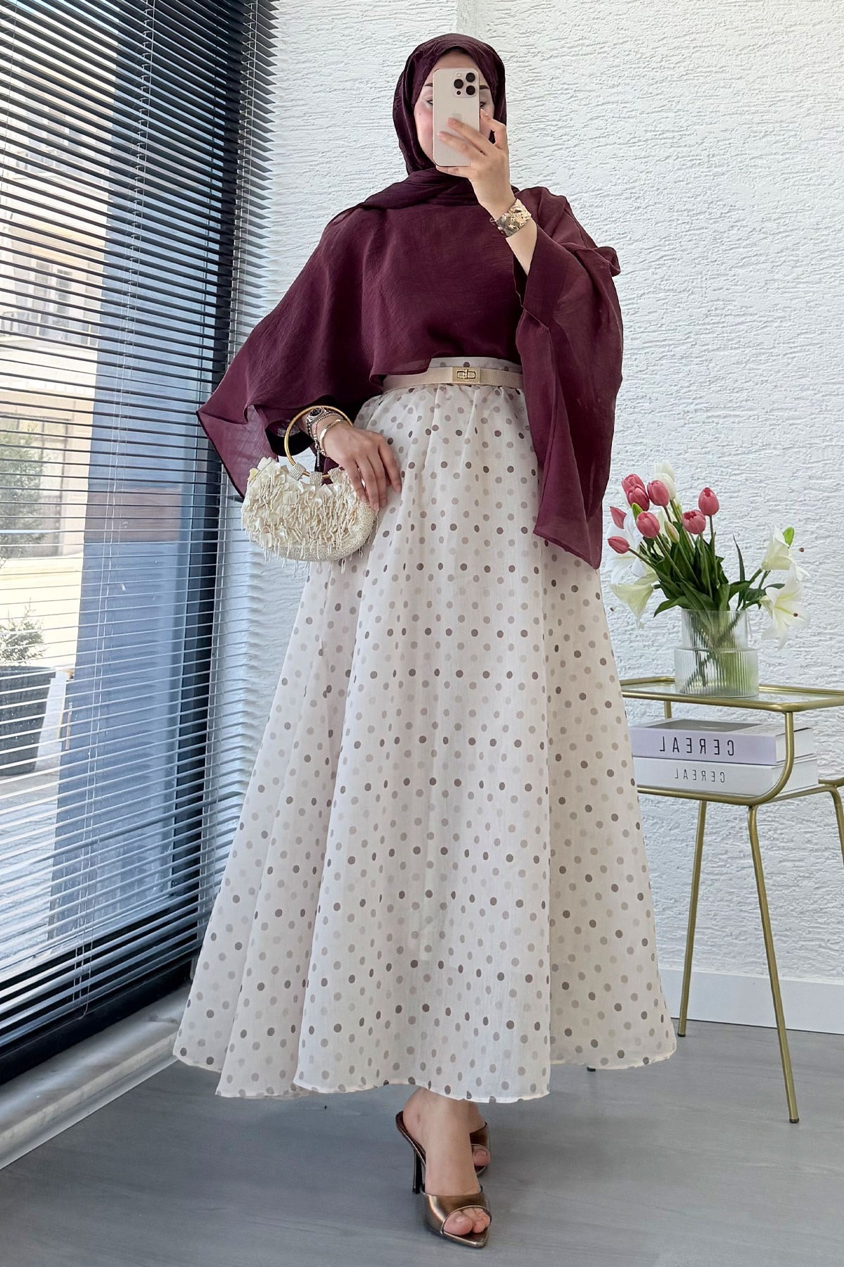 Premium Yarasa Kol Şal Yaka Vual Bluz - Mürdüm