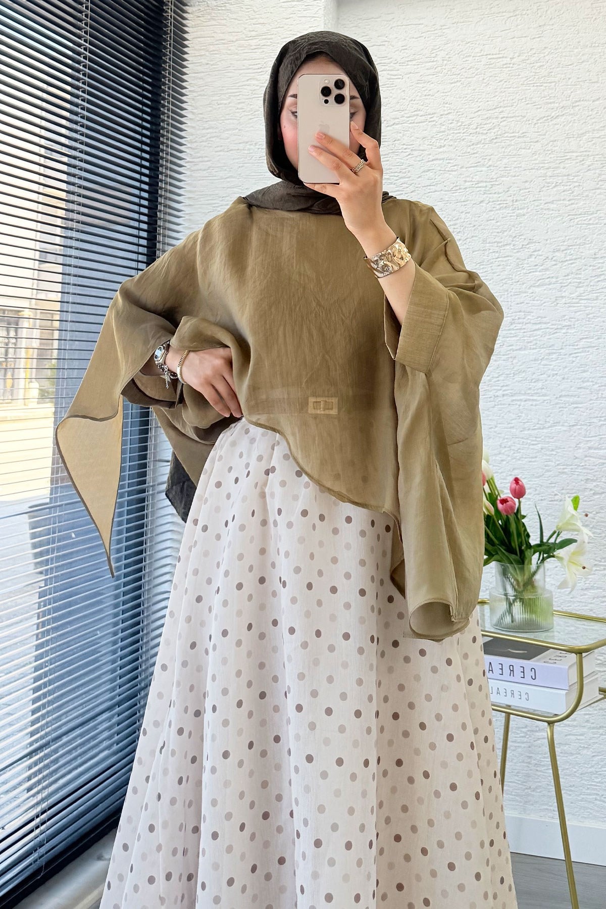 Premium Yarasa Kol Şal Yaka Vual Bluz - Olive