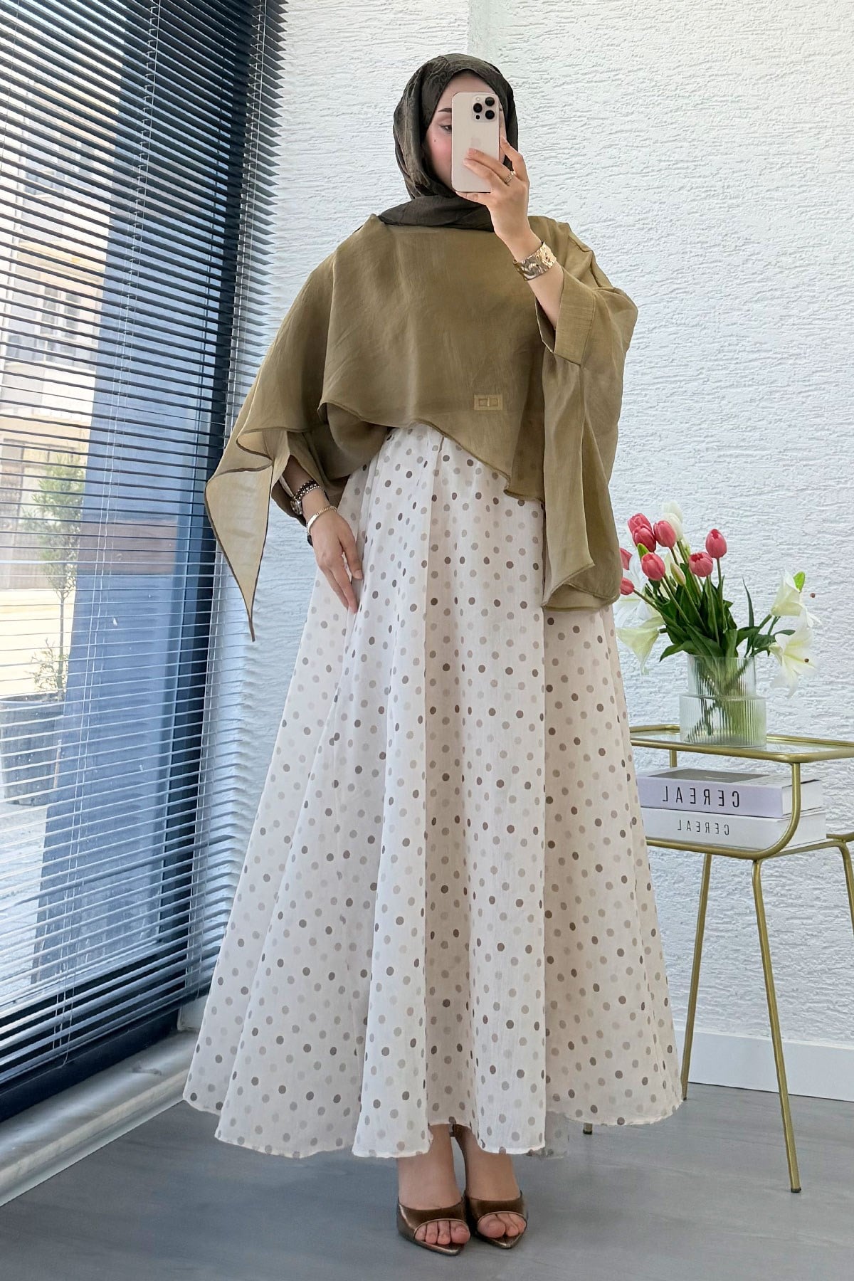 Premium Yarasa Kol Şal Yaka Vual Bluz - Olive
