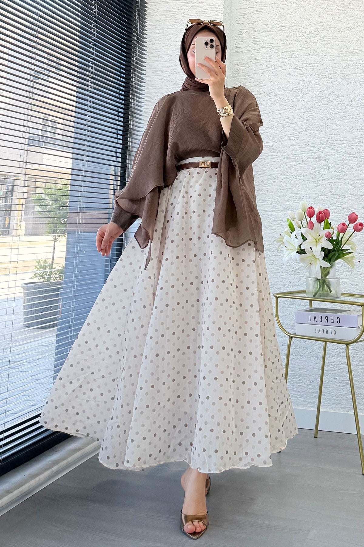 Premium Yarasa Kol Şal Yaka Vual Bluz - Kahverengi