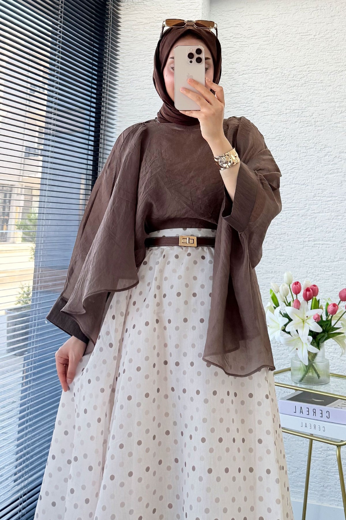 Premium Yarasa Kol Şal Yaka Vual Bluz - Kahverengi