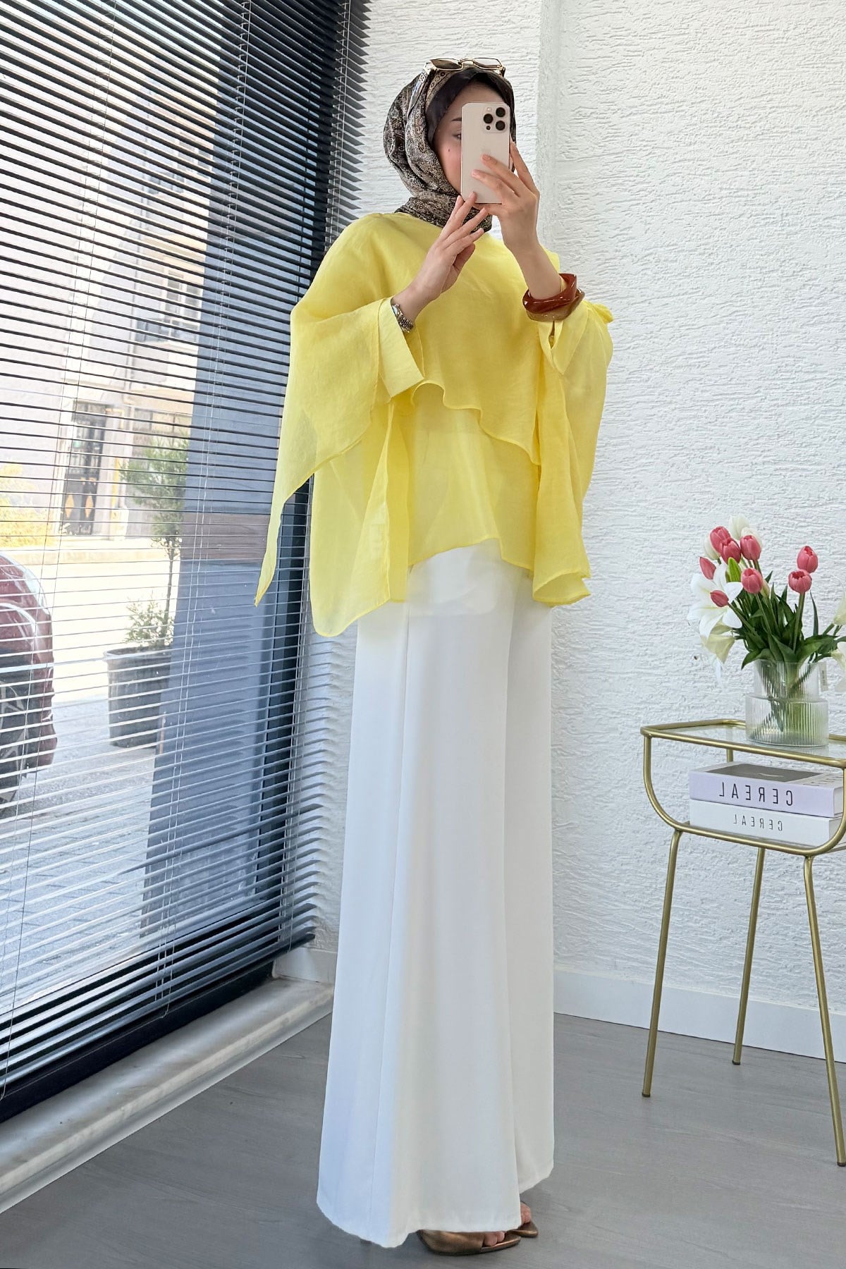 Premium Yarasa Kol Şal Yaka Vual Bluz - Sarı