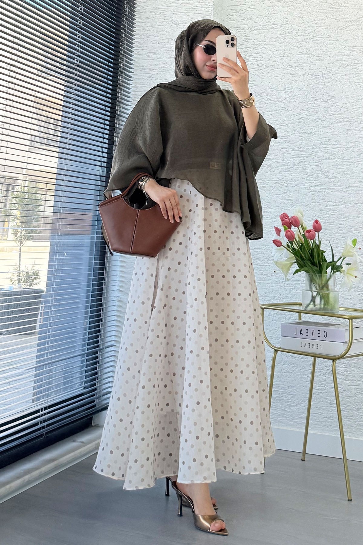 Premium Yarasa Kol Şal Yaka Vual Bluz - Haki