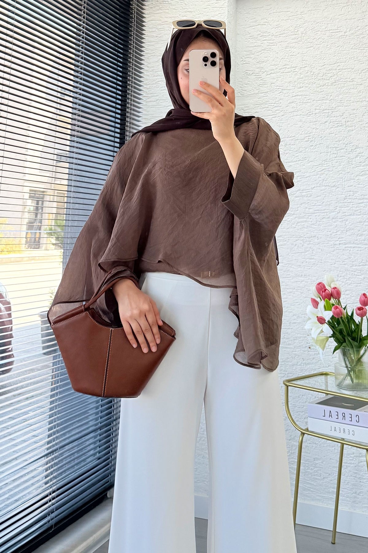 Premium Yarasa Kol Şal Yaka Vual Bluz - Kahverengi