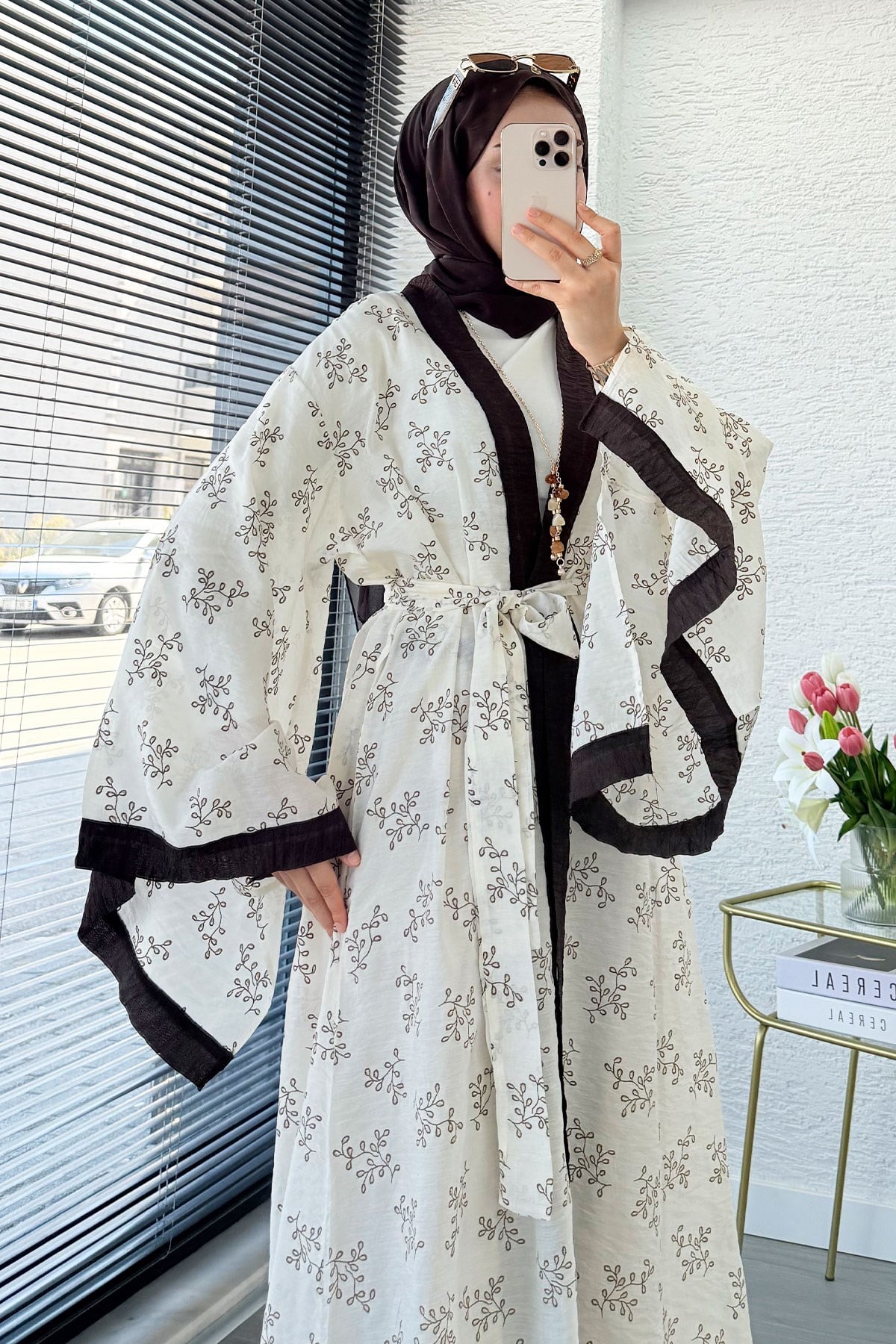 Premium Yarasa Kol Tül Modal Uzun Kimono - Bej