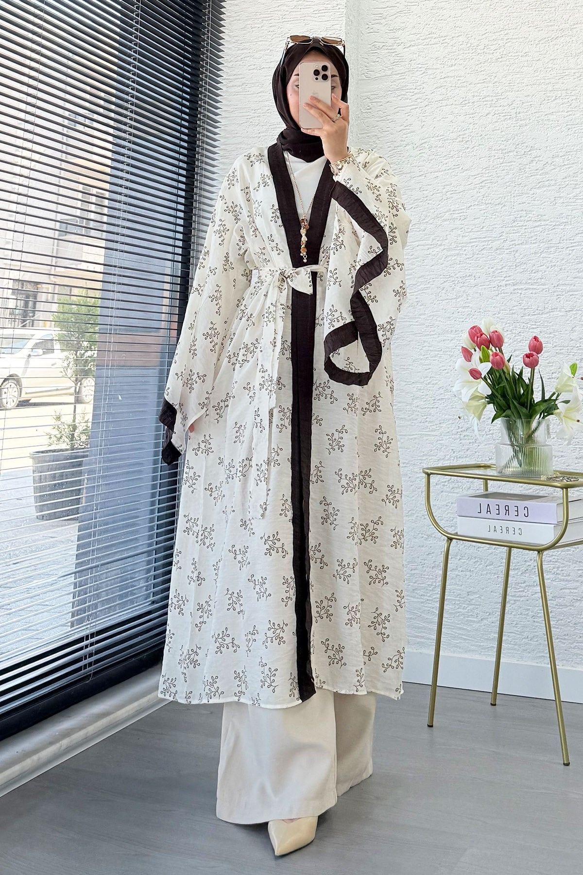 Premium Yarasa Kol Tül Modal Uzun Kimono - Bej