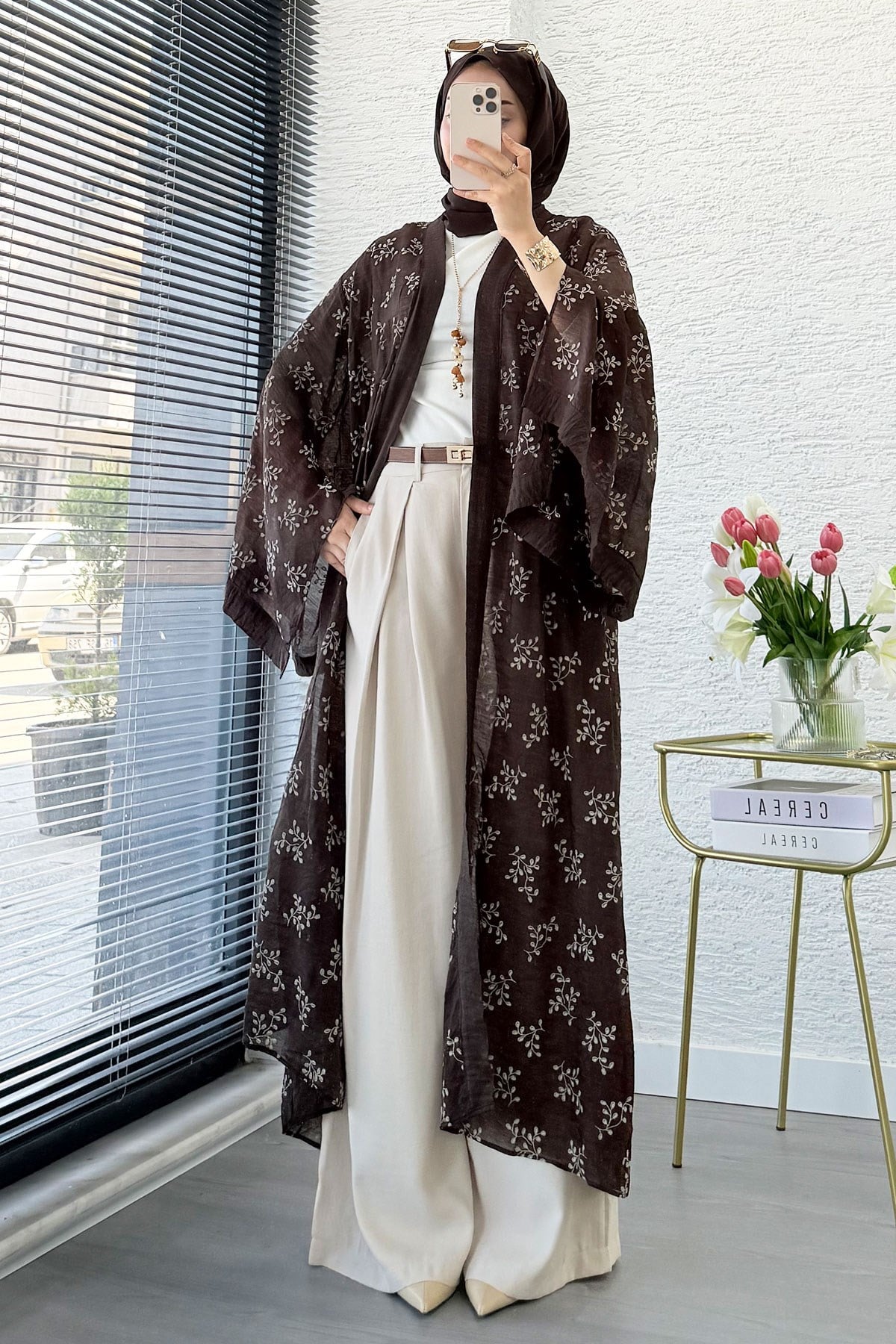 Premium Yarasa Kol Tül Modal Uzun Kimono - Kahverengi