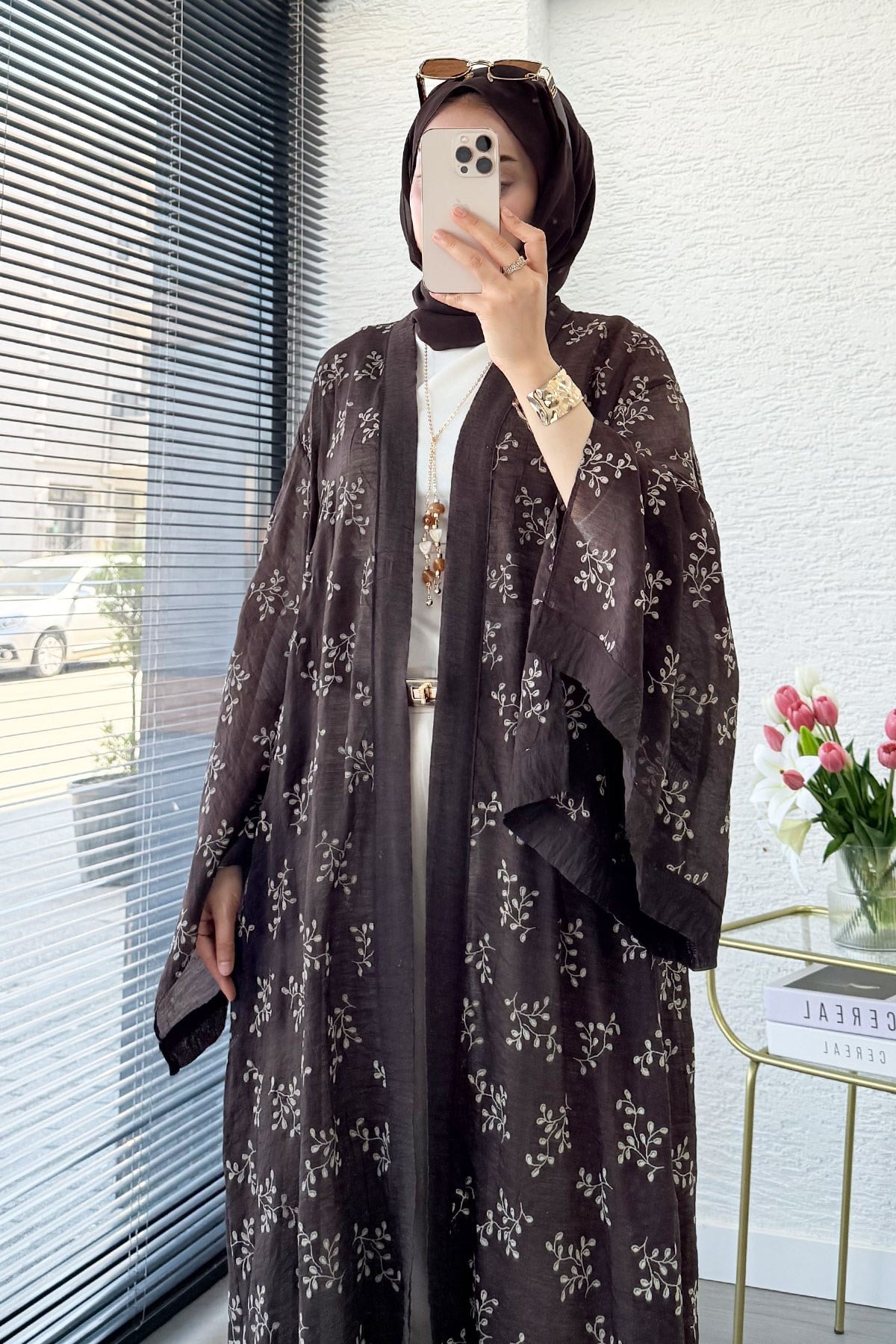 Premium Yarasa Kol Tül Modal Uzun Kimono - Kahverengi