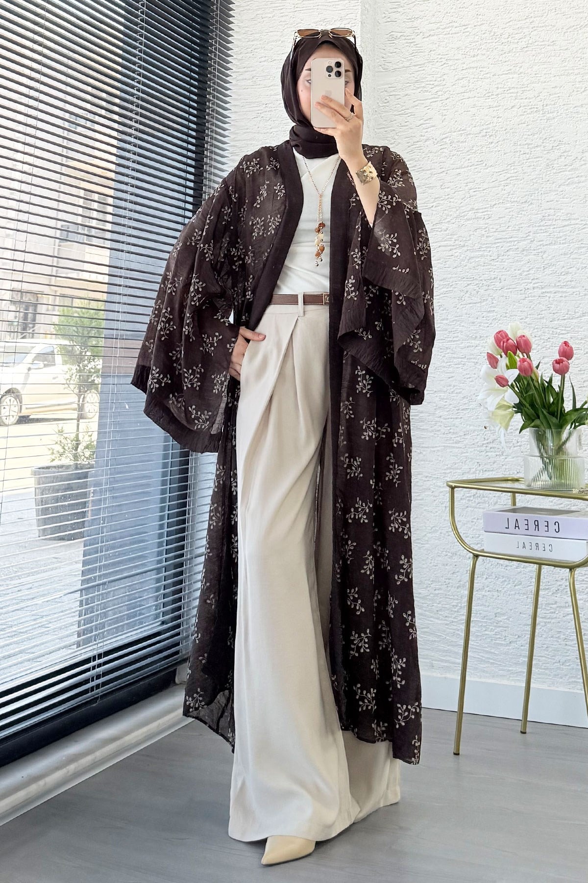 Premium Yarasa Kol Tül Modal Uzun Kimono - Kahverengi