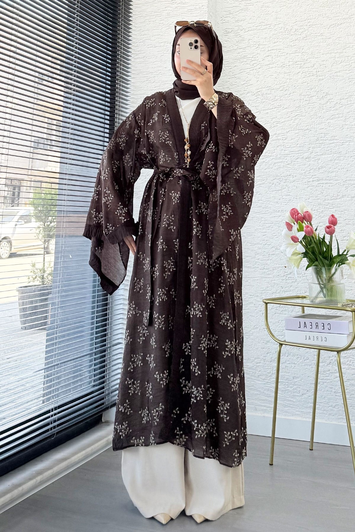Premium Yarasa Kol Tül Modal Uzun Kimono - Kahverengi